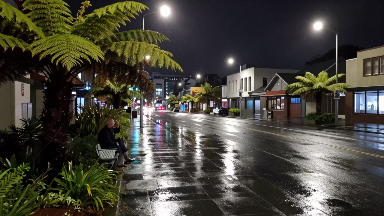 Late Night Christchurch Street Photography with Ferns and Urban Neon Reflections in in Christchurch, New Zealand