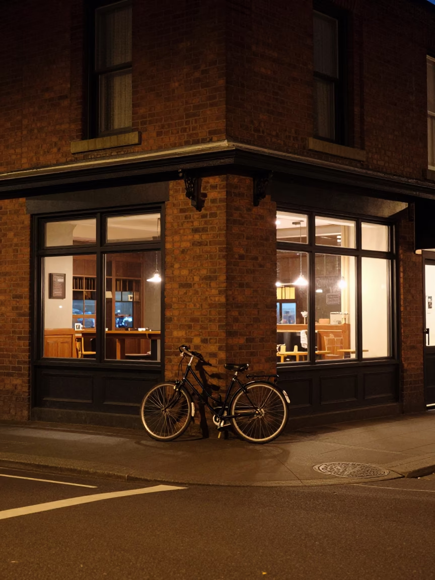 Late Night Christchurch Street Scene with Bicycle Leaning Against Cafe Window in in Christchurch, New Zealand