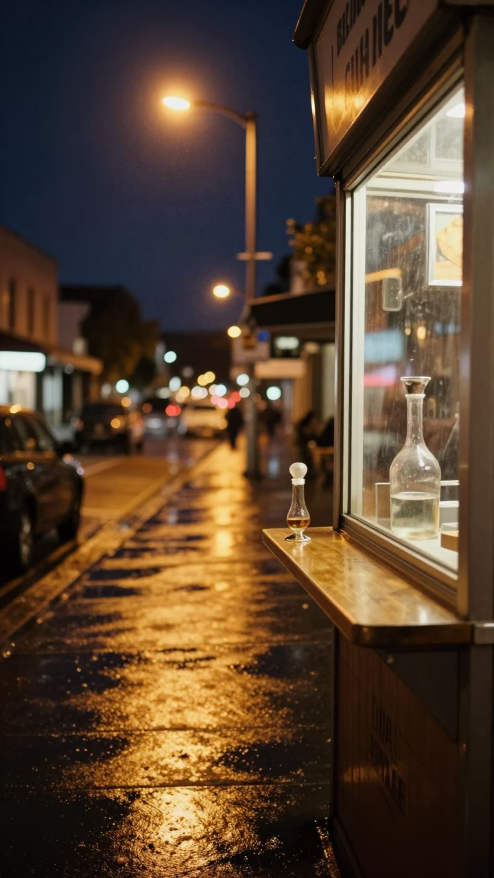 Late Night Christchurch Street Scene with Carafe Stopper and Gate Handle Details in in Christchurch, New Zealand