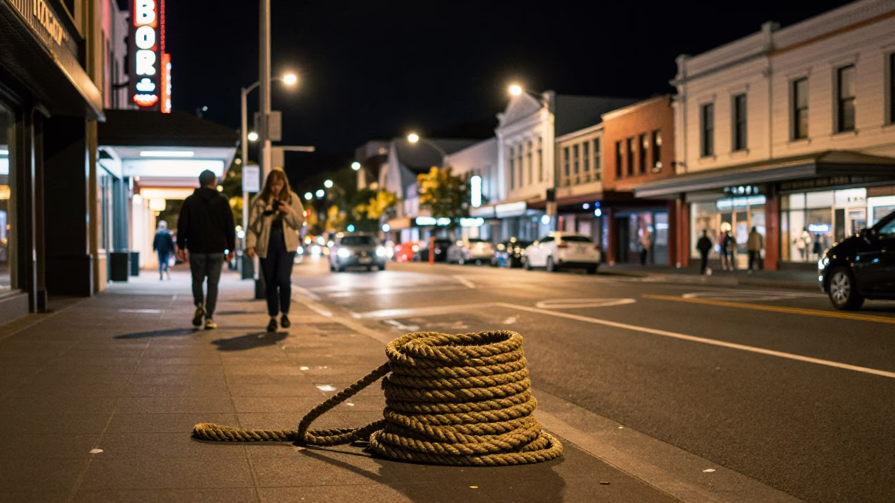 Late Night Christchurch Street Scene with Coiled Rope and Neon Lights in in Christchurch, New Zealand