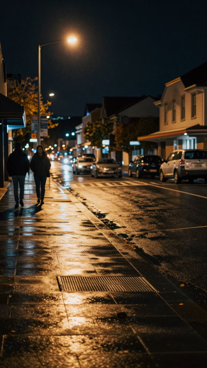 Late Night Christchurch Street Scene with Damp Pavement and Neon Reflections in in Christchurch, New Zealand