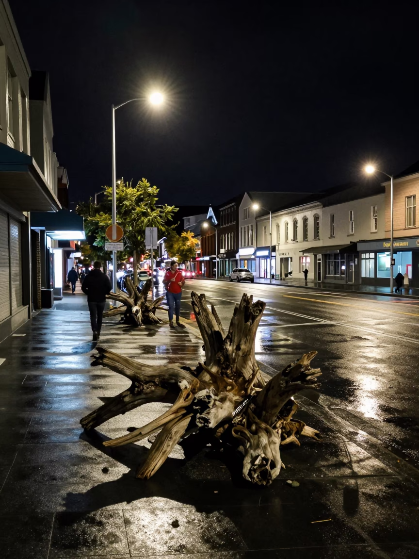 Late Night Christchurch Street Scene with Driftwood and Urban Details in in Christchurch, New Zealand
