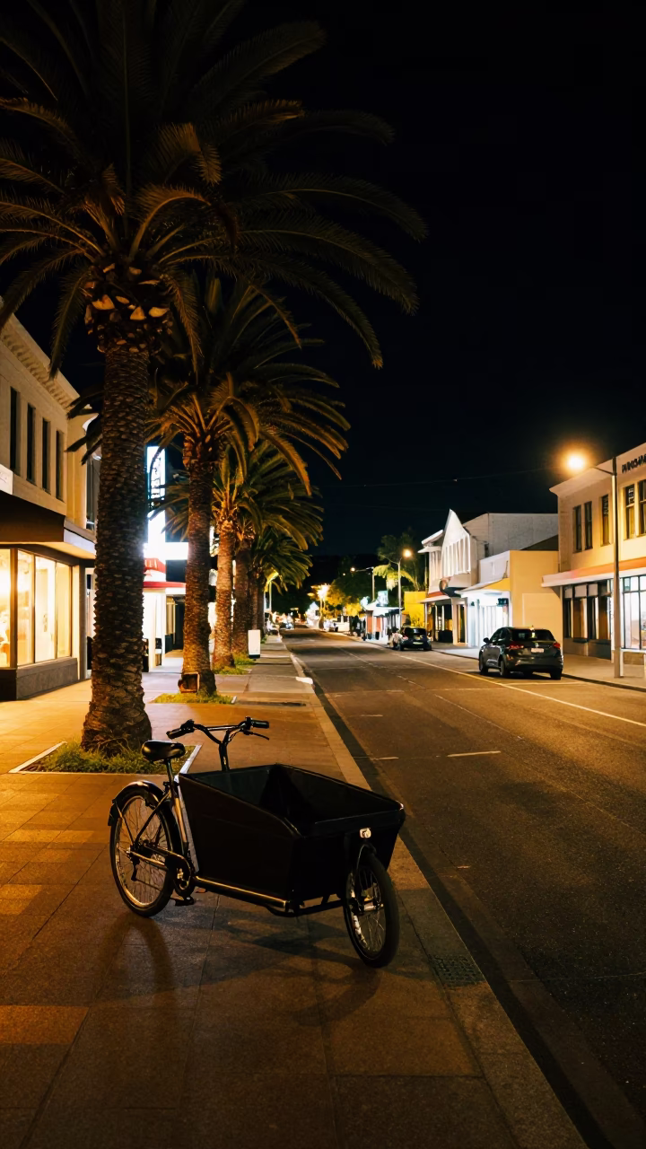 Late Night Christchurch Street Scene with Palm Trees and Urban Details in in Christchurch, New Zealand
