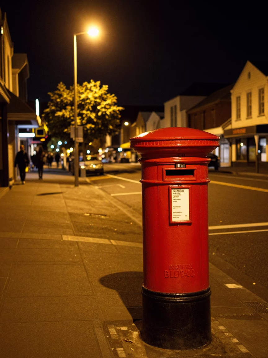 Late Night Christchurch Street Scene with Red Post Box and Wet Pavement Reflections in in Christchurch, New Zealand