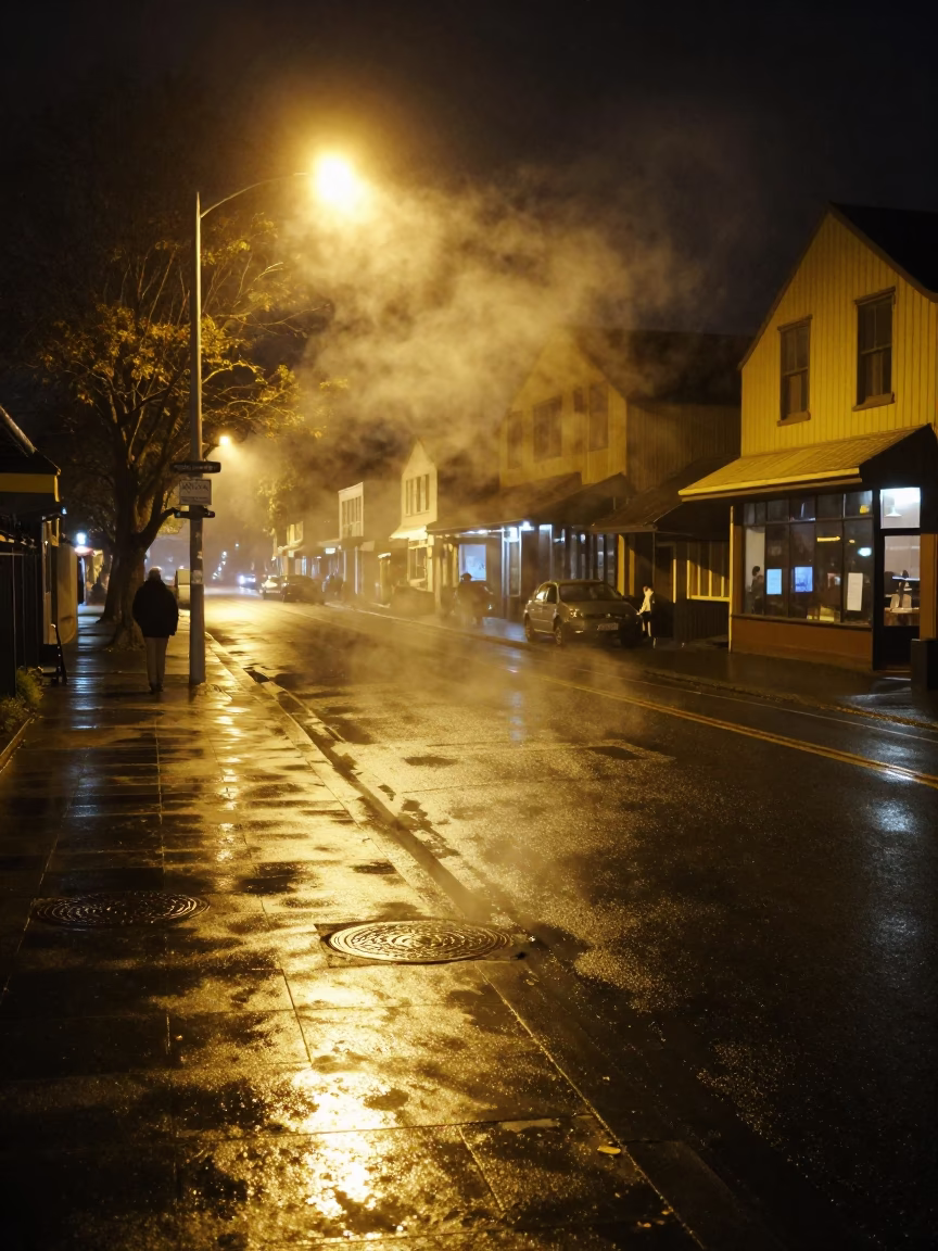 Late Night Christchurch Street Scene with Steam Haze and Claw Hammer in in Christchurch, New Zealand
