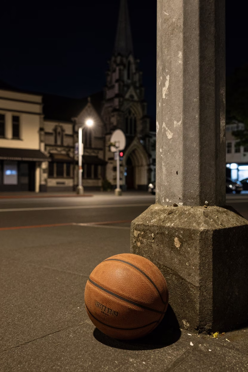 Late Night Christchurch Street Scene with Vintage Basketball and Urban Details in in Christchurch, New Zealand