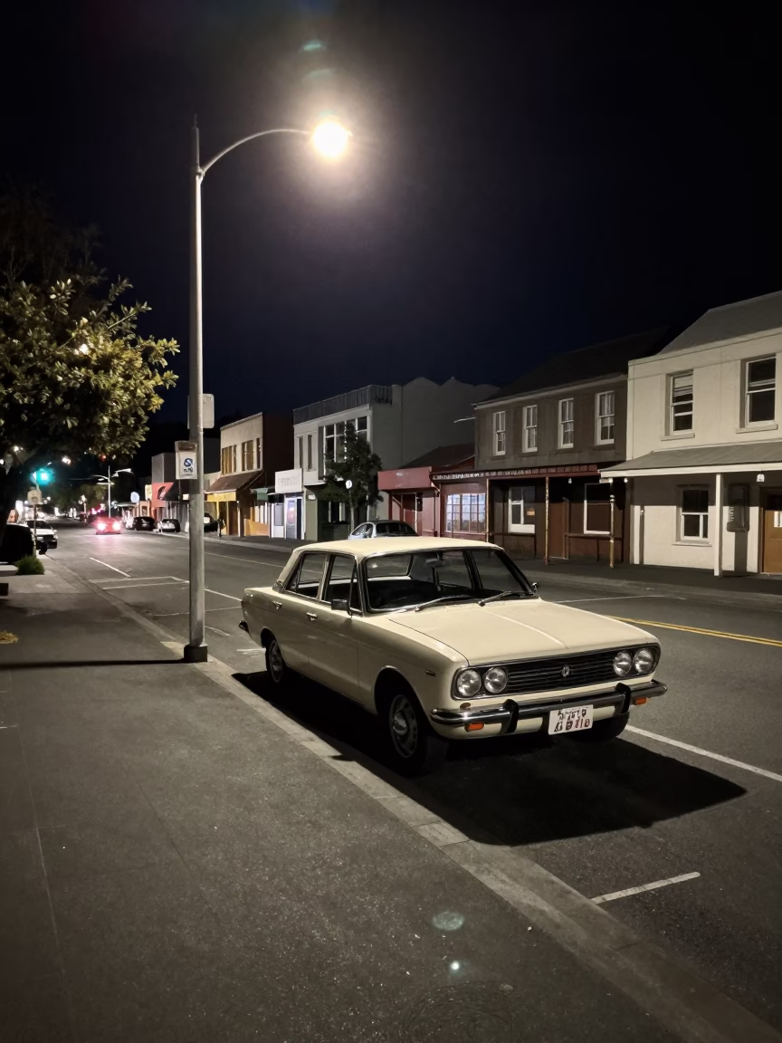 Late Night Christchurch Street Scene with Vintage Car and Neon Reflections in in Christchurch, New Zealand