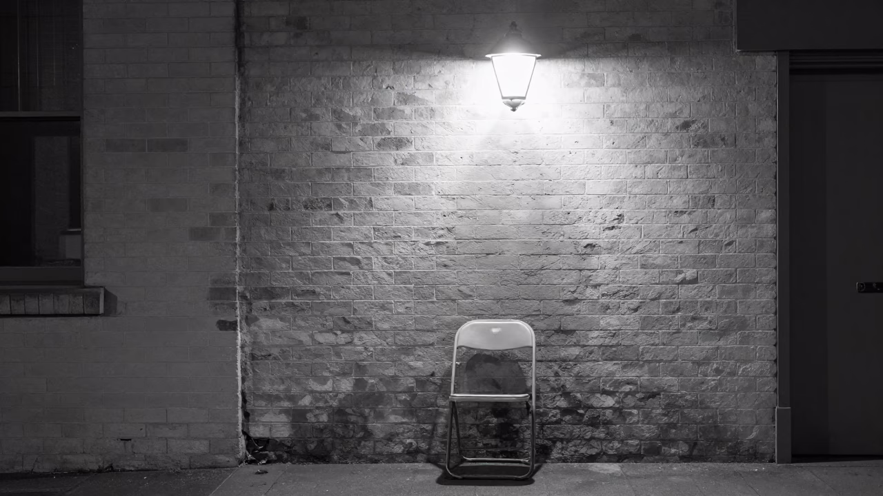 Late Night Christchurch Street Scene with Vintage Folding Chair and Wall Sconce in in Christchurch, New Zealand