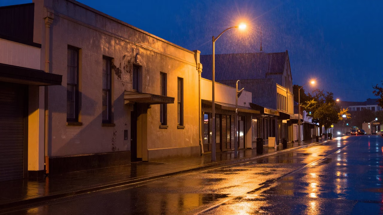 Late Night Christchurch Street Scene with Water Marks and Porcelain in in Christchurch, New Zealand