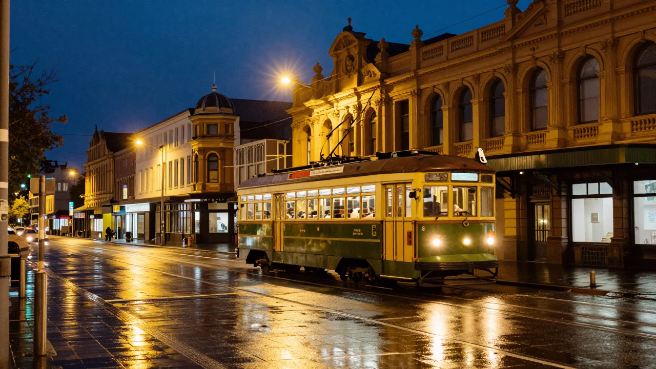 Late Night Christchurch Tram Passing Art Nouveau Facades in 1990s in in Christchurch, New Zealand