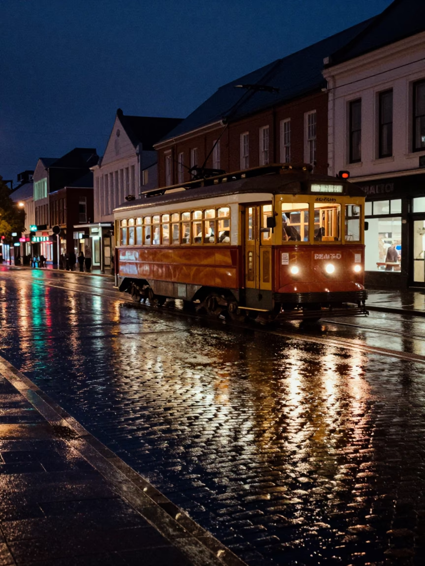 Late Night Christchurch Tramcar Reflected in Rain on Cobblestones Street Scene in in Christchurch, New Zealand