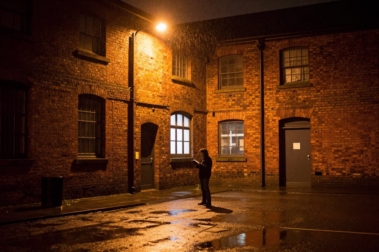 Late Night Clipboard Inspection Outside Liverpool Warehouse District in in Liverpool, United Kingdom