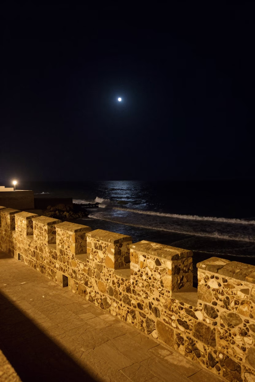Late Night Coastal Scene in Essaouira Morocco with Stone Walls and Ocean Horizon in in Essaouira, Morocco