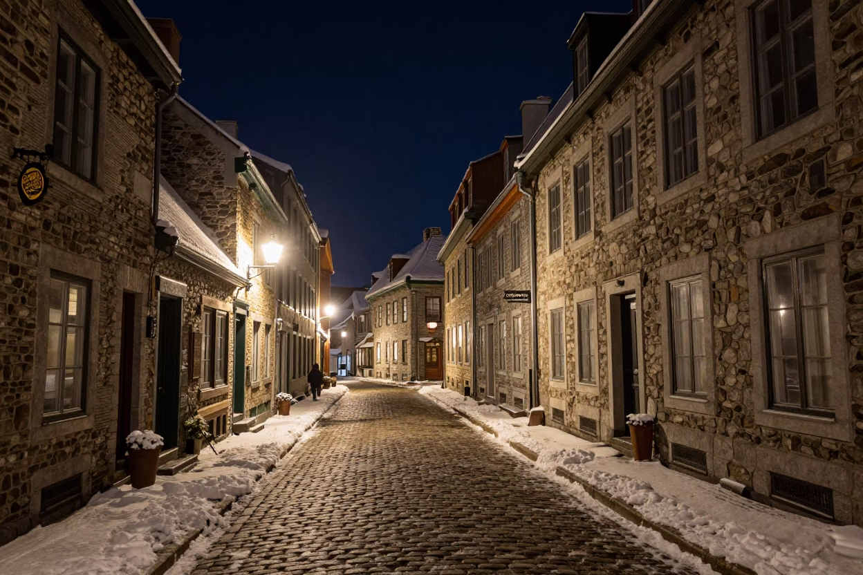 Late Night Cobblestone Street in Old Quebec City Illuminated by Warm Streetlamps and Snow in in Quebec City, Quebec, Canada