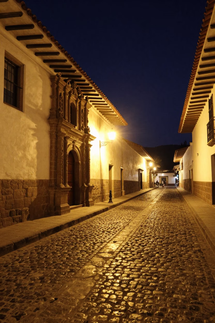 Late Night Cobblestone Street Scene in Cusco Peru with Colonial Architecture in in Cusco, Peru