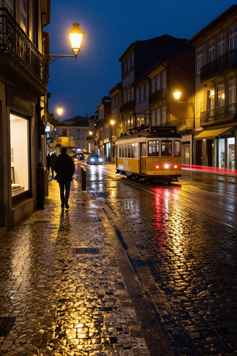 Late Night Cobblestone Street Scene in Porto Portugal with Tram Reflections in in Porto, Portugal