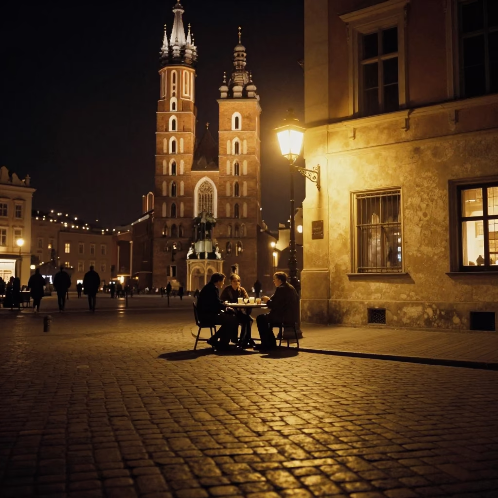 Late Night Coffee Break in Krakow Poland Near Main Market Square in in Krakow, Poland