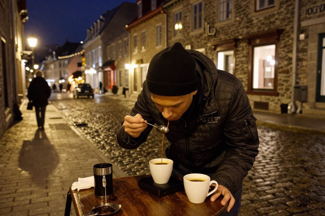 Late Night Coffee Cupper Tasting in Quebec City Old Port Street in in Quebec City, Quebec, Canada