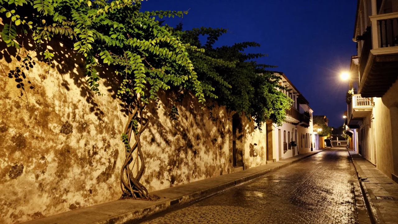 Late Night Colonial Street in Cartagena Colombia with Vine and Wall Sconce in in Cartagena, Colombia