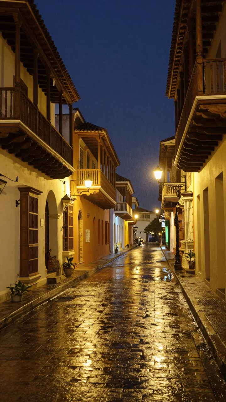 Late Night Colonial Street Scene in Cartagena Colombia with Condensation and Pillow in in Cartagena, Colombia