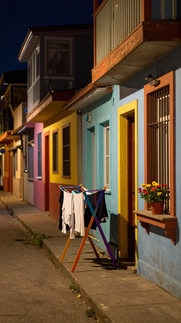 Late Night Colorful Street Scene in Valparaiso Chile with Drying Rack and Flower Pot in in Valparaiso, Chile