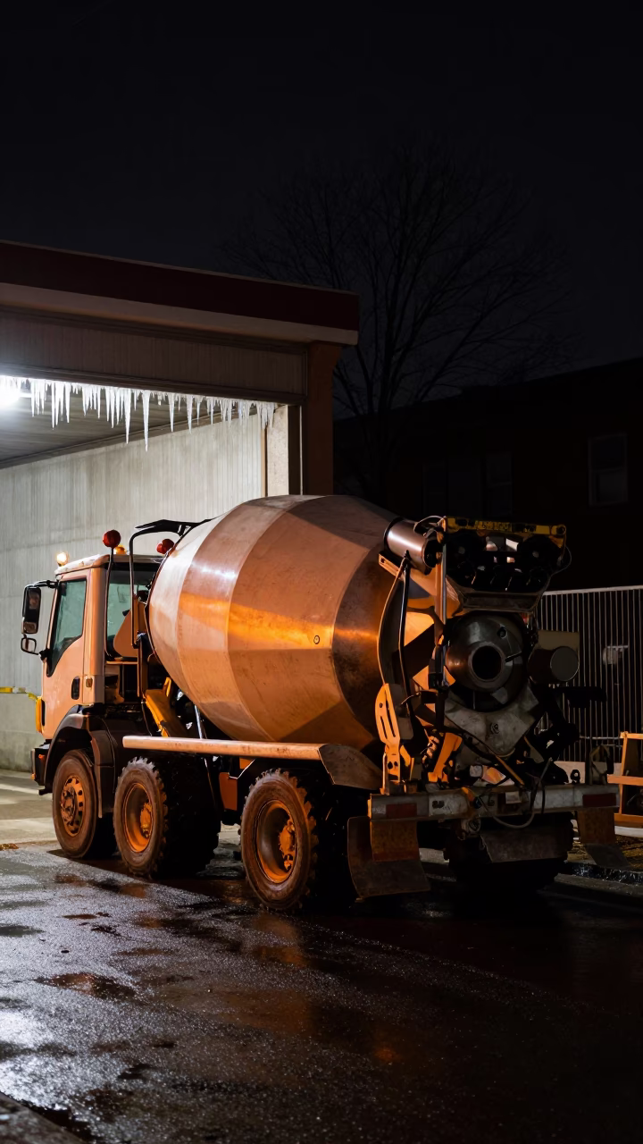 Late Night Construction Site in Boston Massachusetts with Cement Mixer and Sodium Lights in in Boston, Massachusetts, United States