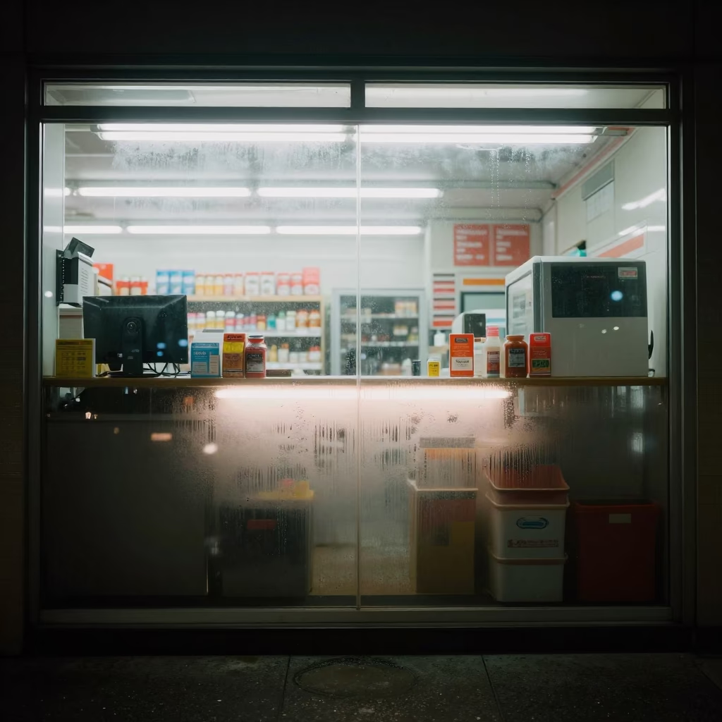 Late Night Convenience Store Counter with Condensation and Rusty Tray in Vancouver in in Vancouver, British Columbia, Canada