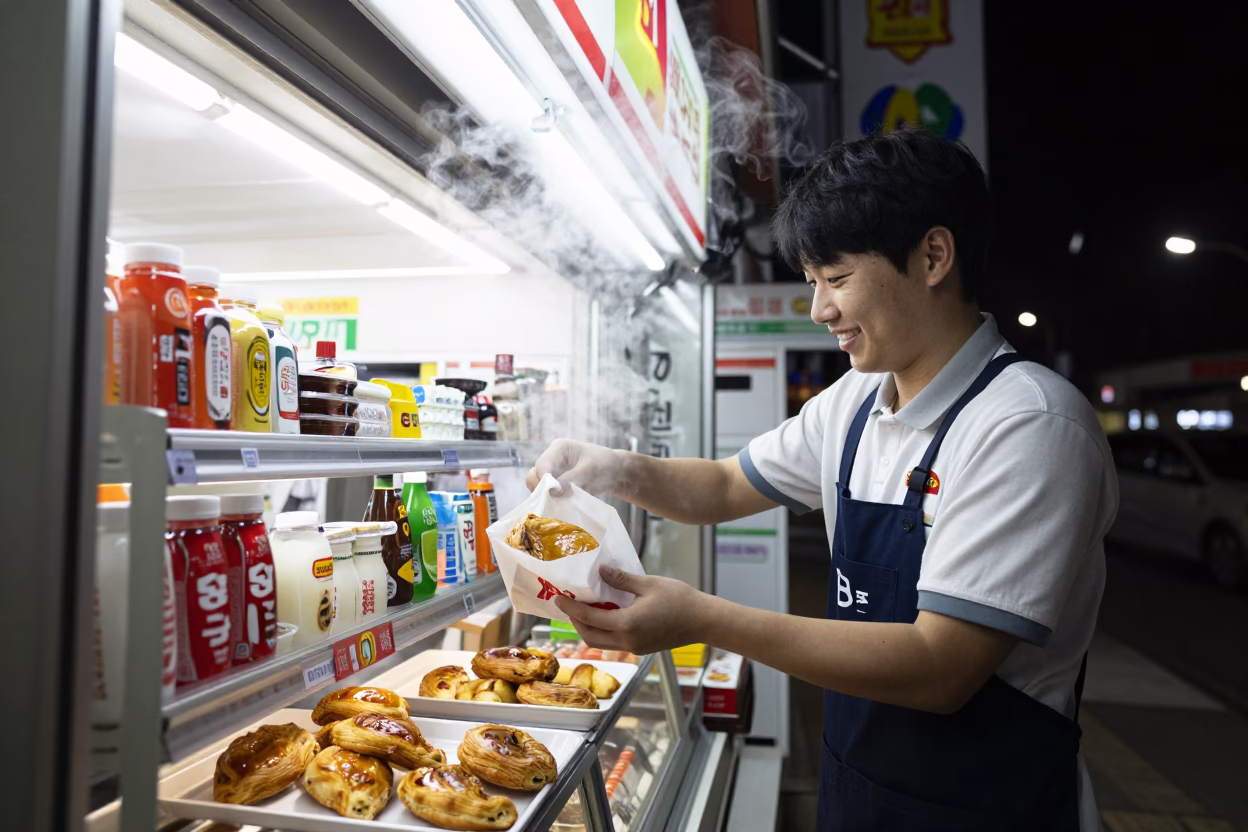 Late Night Convenience Store Interaction in Busan South Korea with Steam and Retail Details in in Busan, South Korea