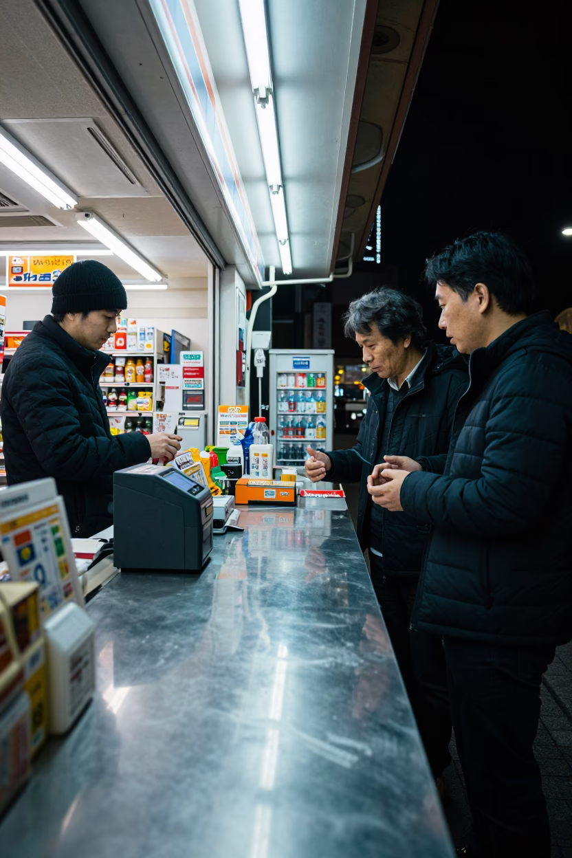 Late Night Convenience Store Interaction in Osaka with Neon Reflections in in Osaka, Japan