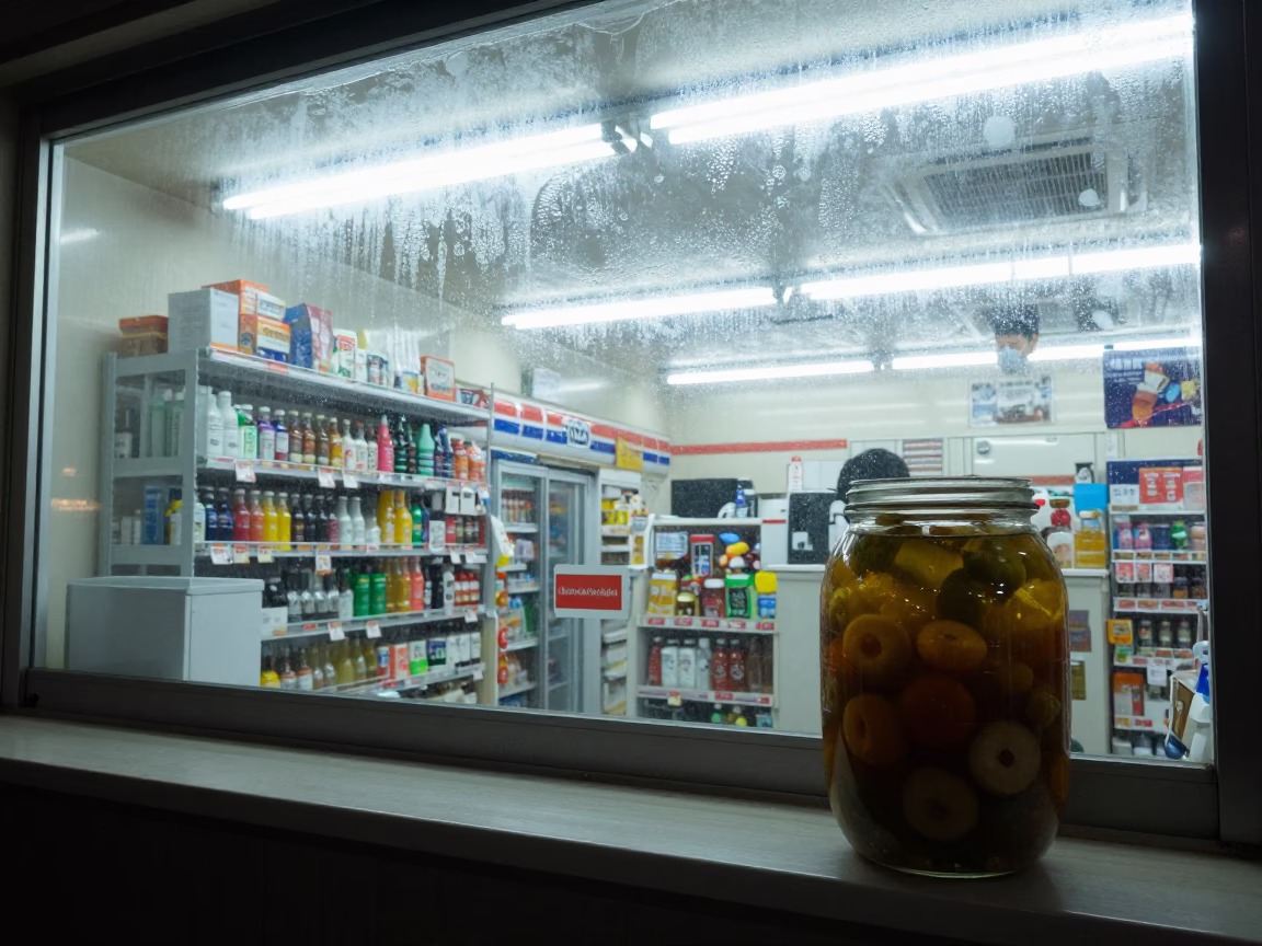 Late Night Convenience Store Interior in Fukuoka Japan with Condensation and Glass in in Fukuoka, Japan