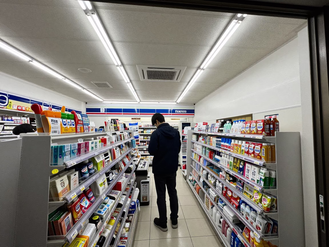 Late Night Convenience Store Interior in Fukuoka Japan with Customer and Cup in in Fukuoka, Japan