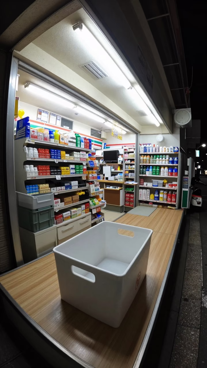Late Night Convenience Store Interior in Tokyo Japan with File Box and Tea Stains in in Tokyo, Japan