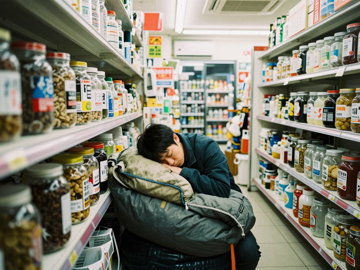 Late Night Convenience Store Interior in Tokyo Japan with Glass Jar and Sleeping Bag in in Tokyo, Japan