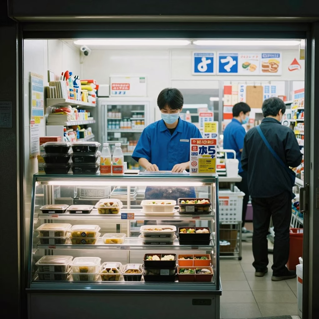 Late Night Convenience Store Interior in Tokyo Japan with Staff and Customer Interaction in in Tokyo, Japan