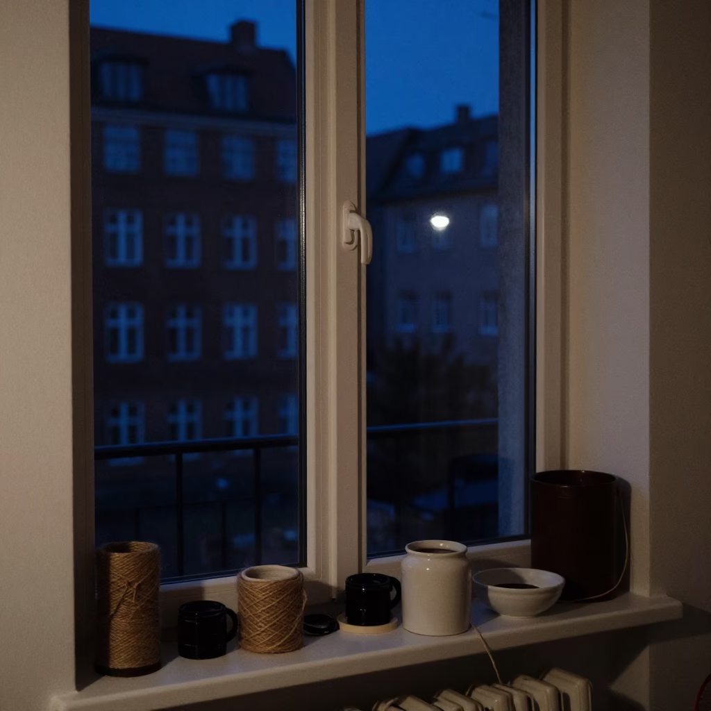 Late Night Copenhagen Apartment Interior with Twine and Ceramic Bowl on Windowsill in in Copenhagen, Denmark