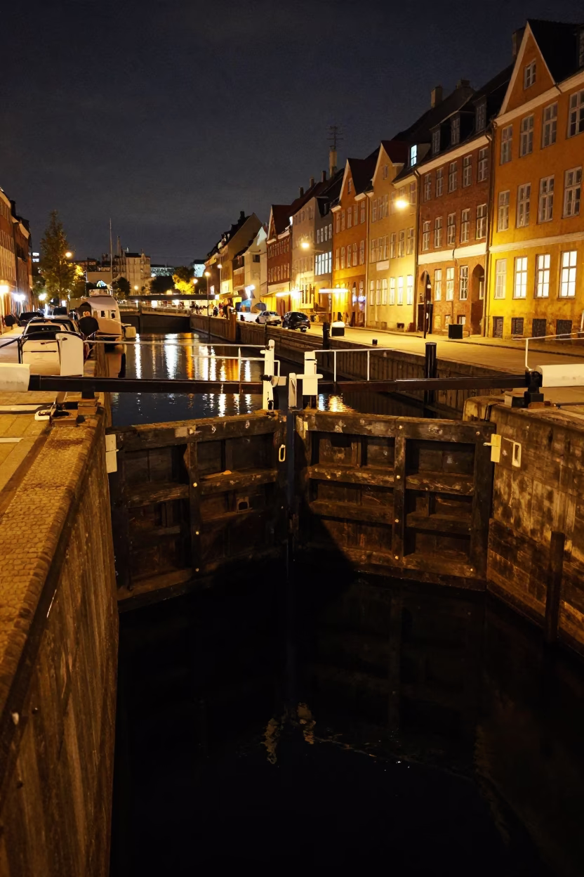 Late Night Copenhagen Canal Lock with Wooden Gates and Brass Details in in Copenhagen, Denmark