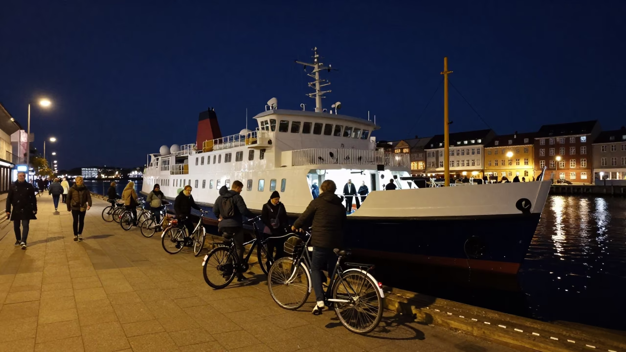 Late Night Copenhagen Ferry Dock Scene with Passengers and Bicycles Loading in in Copenhagen, Denmark