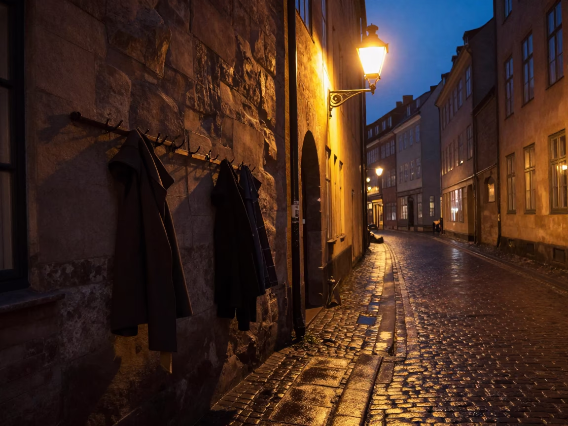 Late Night Copenhagen Street Corner with Coat Hooks and Rusty Bucket in in Copenhagen, Denmark