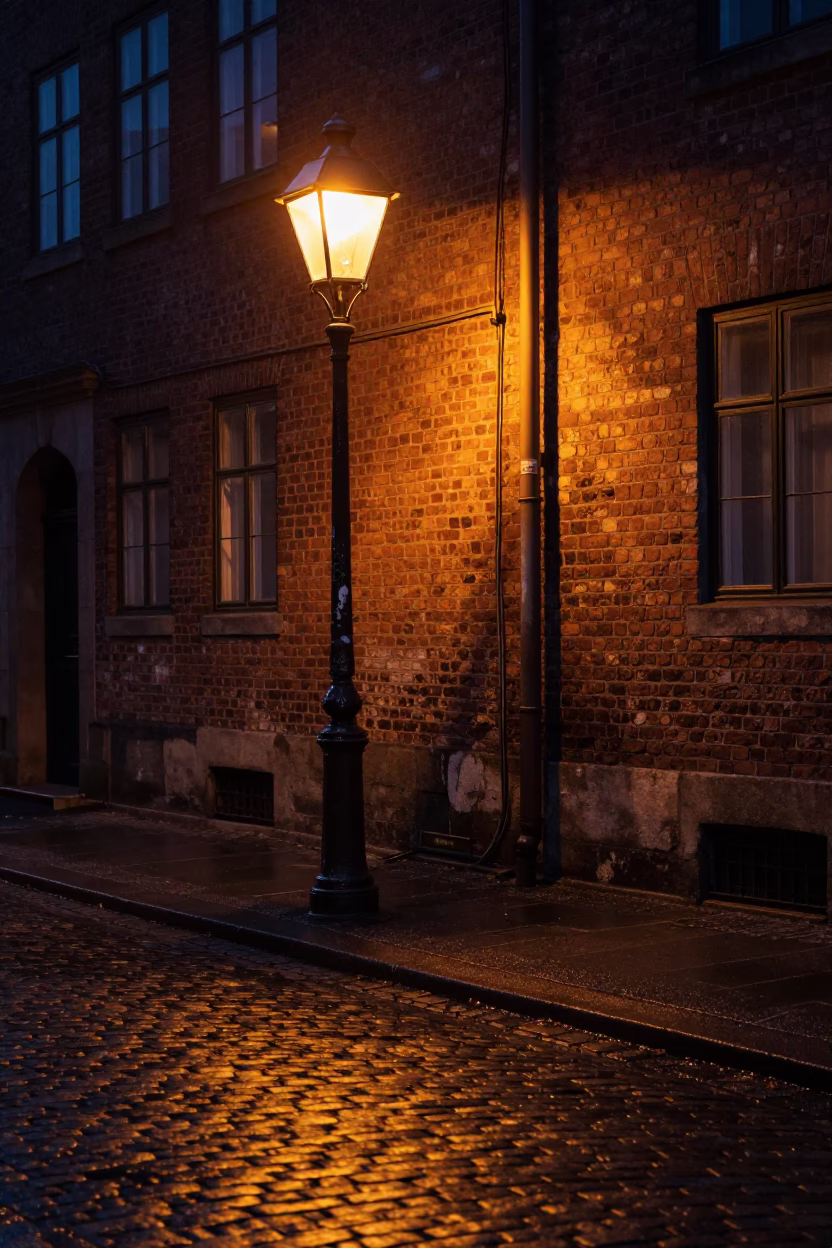 Late Night Copenhagen Street Scene with Brushed Steel Lamp Base and Breadbox in in Copenhagen, Denmark