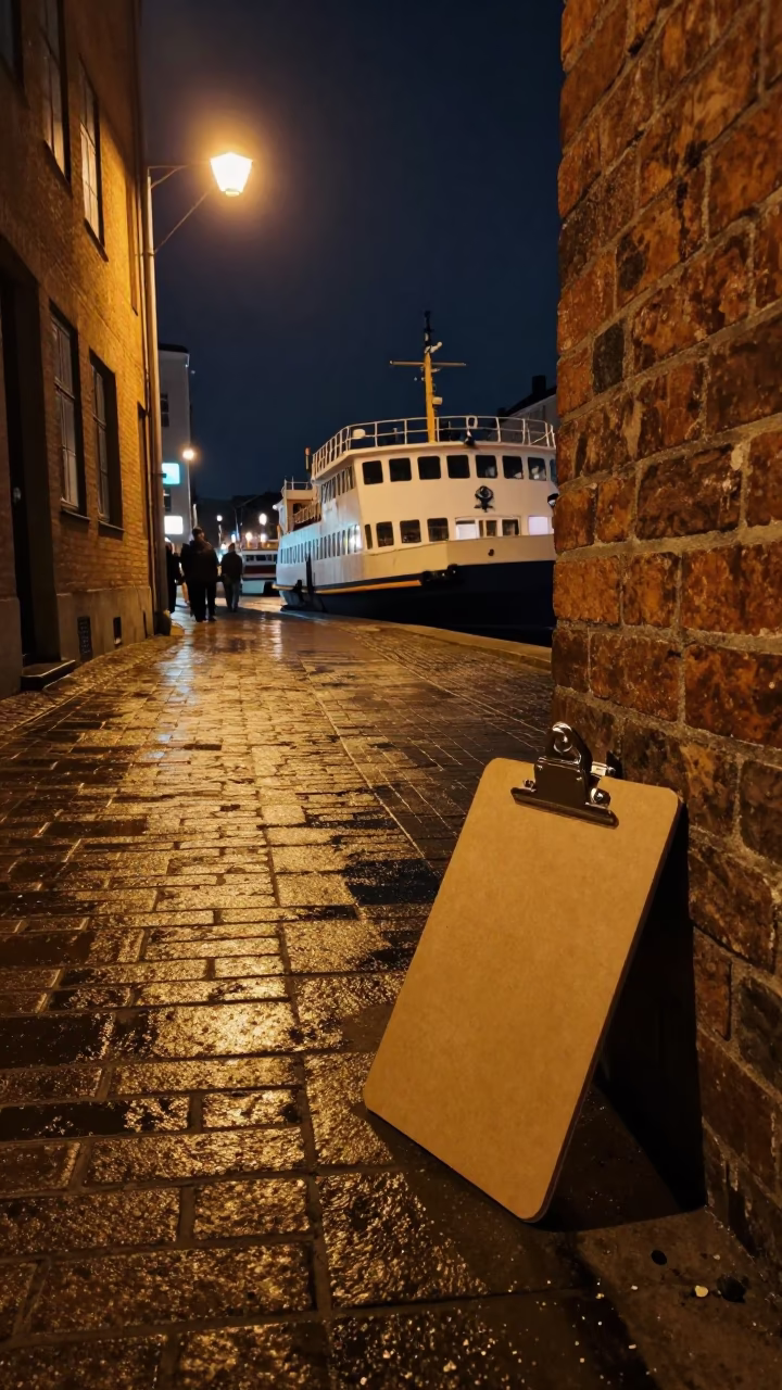 Late Night Copenhagen Street Scene with Clipboard and Ferry View in in Copenhagen, Denmark