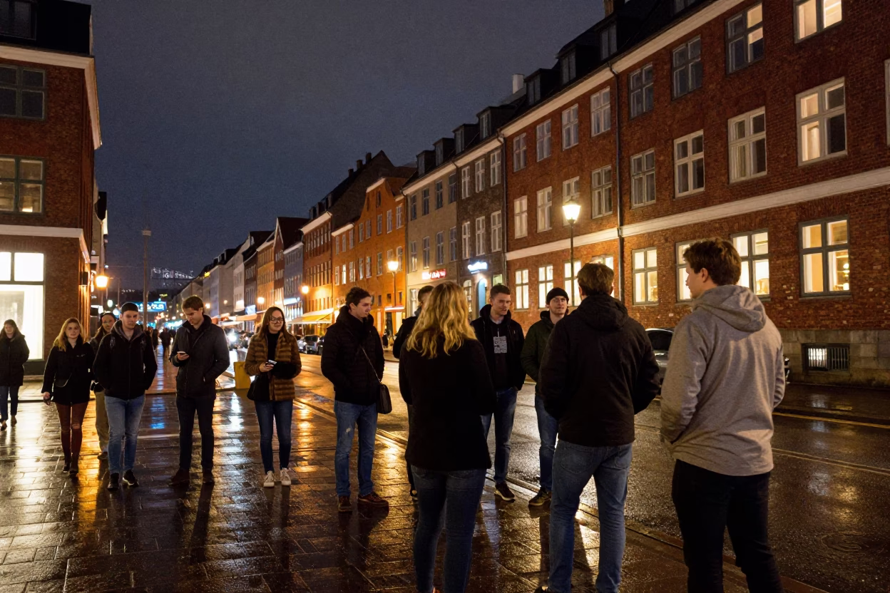 Late Night Copenhagen Street Scene with Dominoes and Urban Life in in Copenhagen, Denmark