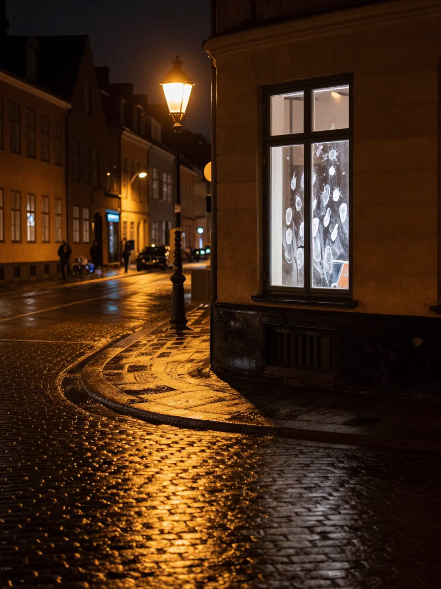 Late Night Copenhagen Street Scene with Fingerprints on Window Glass and Urban Reflections in in Copenhagen, Denmark