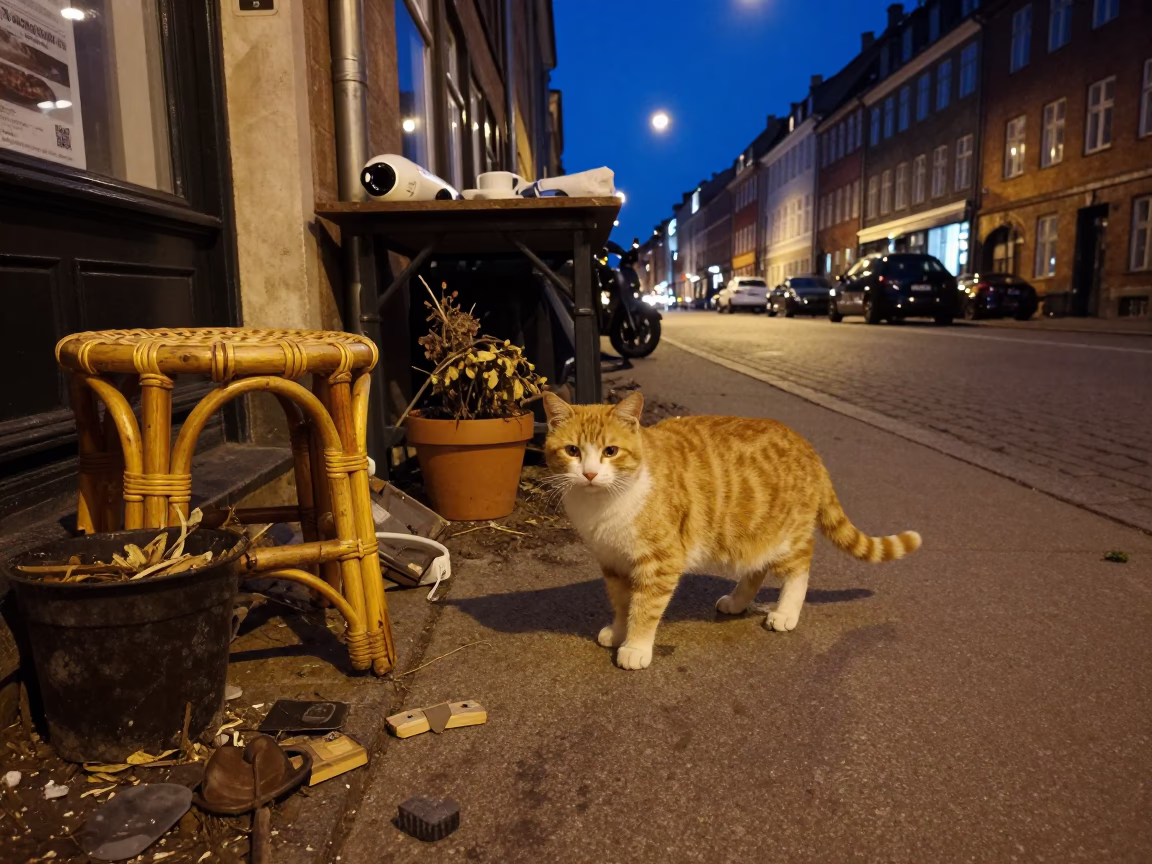 Late Night Copenhagen Street Scene with Ginger Cat and Urban Clutter in in Copenhagen, Denmark