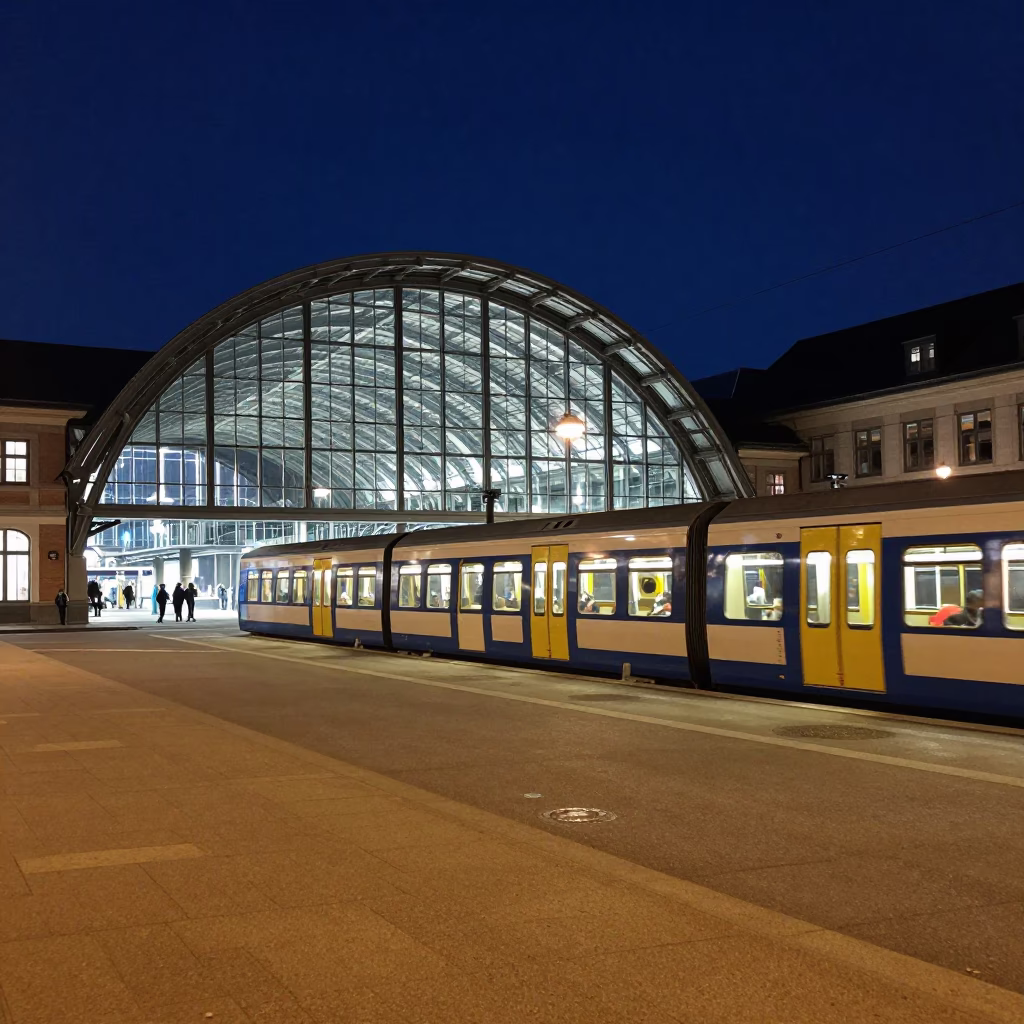 Late Night Copenhagen Street Scene with Glass Steel Train Station and Houseboat Garden in in Copenhagen, Denmark
