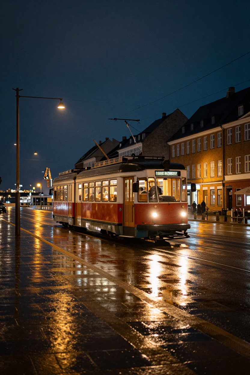 Late Night Copenhagen Street Scene with Heritage Tram and Rain-Swept Promenade in in Copenhagen, Denmark