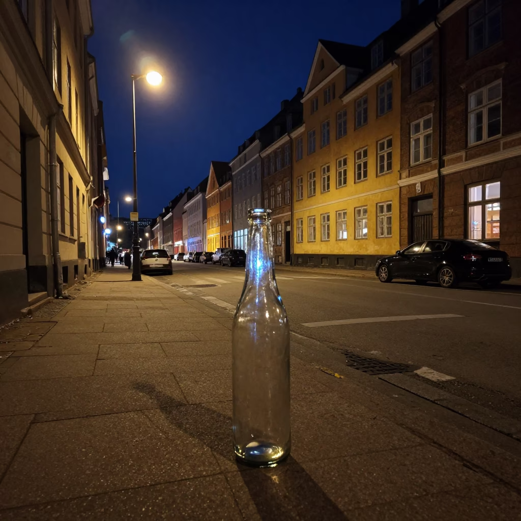 Late Night Copenhagen Street Scene with Illuminated Bottle Neck and Urban Details in in Copenhagen, Denmark