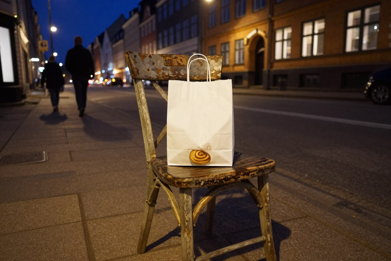 Late Night Copenhagen Street Scene with Kanelbullar Cinnamon Rolls and Ladder-Back Chair in in Copenhagen, Denmark