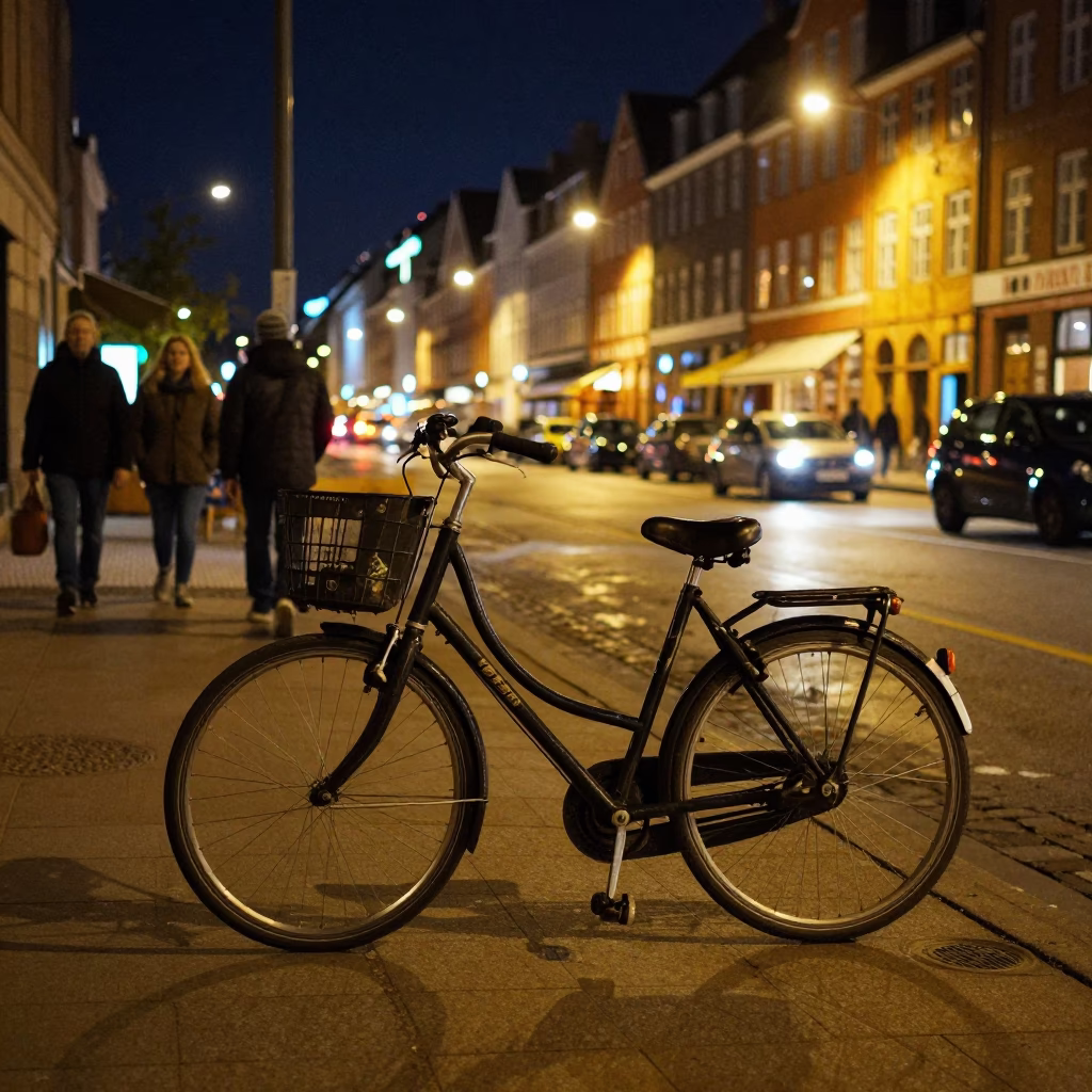 Late Night Copenhagen Street Scene with Leaning Bicycle and Cafe Exterior in in Copenhagen, Denmark