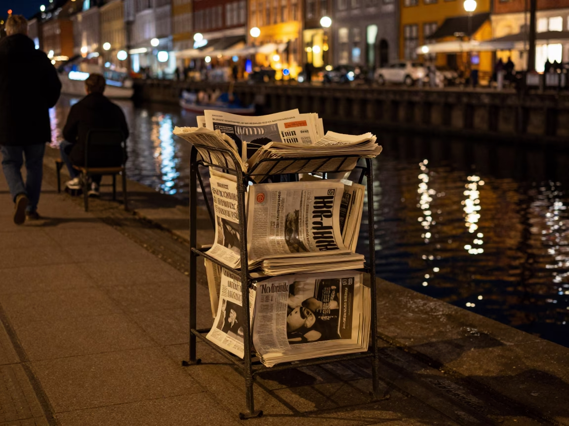Late Night Copenhagen Street Scene with Magazines and Canal View in in Copenhagen, Denmark