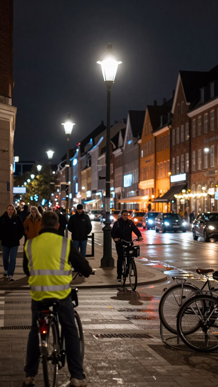 Late Night Copenhagen Street Scene with Neon Reflections and Urban Details in in Copenhagen, Denmark